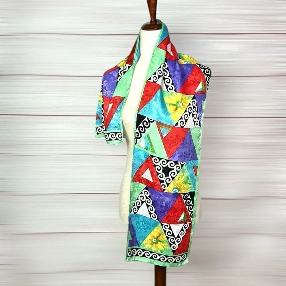 HONEY Silk Rectangle Scarf Colorful Geometric Pattern - Picture 6 of 7